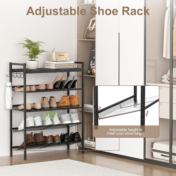 Shoe Rack for Front Door Entrance, 5 Tier Height-Adjustable Metal Shoe Rack , Sturdy Wooden Top and Tiltable Steel Frame Heavy Duty Shoe Organizer for Bathroom,Bedroom,Kitchen, Include Hook, Black