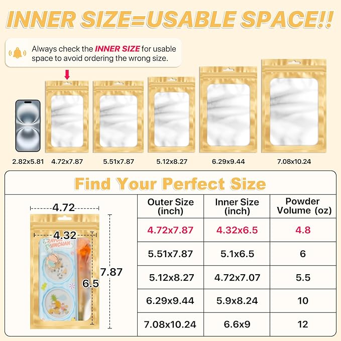 ANZNKU 100 PCS Resealable Mylar Bags with Frosted Clear Window Packaging Bags Foil Pouch Zipper Bag for Food Self Sealing Storage Supplies (4.72x7.87, Light Gold)