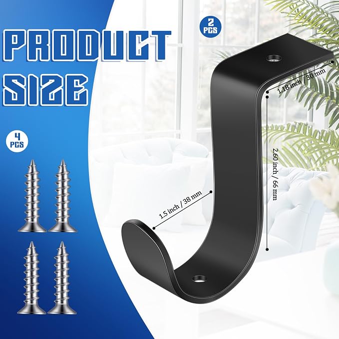 Hicarer 2 Pcs 1.5 Inch Closet Rod Brackets Heavy Duty Metal Wall Mount Rod Brackets with Screws Closet Pole Support for Living Room Bedroom Shelf Office (Black)