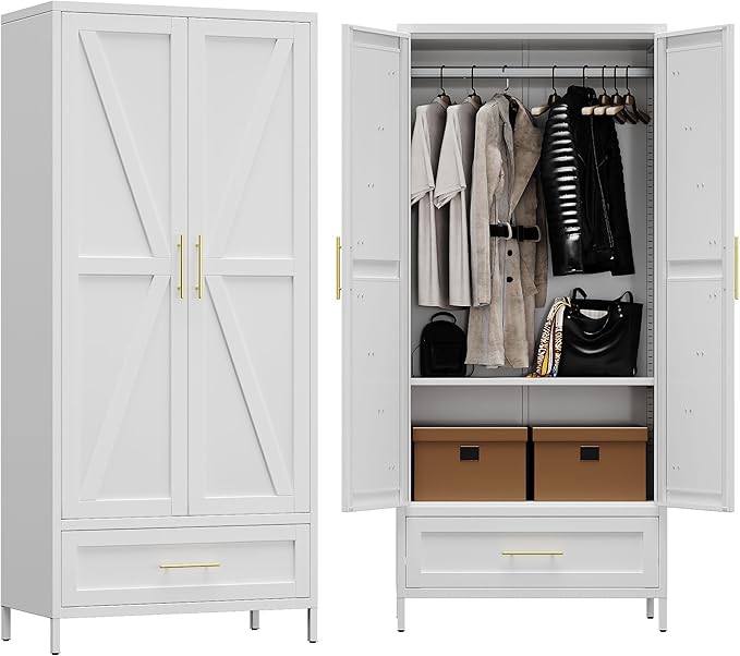 METAN Metal Wardrobe Closet with Doors,Armoire Wardrobe Closet with 1 Drawer for Bedroom,Assembly Required,White