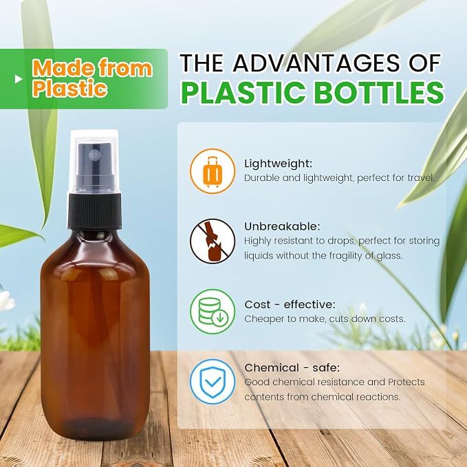 SYNTECSO 96 Pack 2oz Amber Plastic Spray Bottles, Fine Mist Spray Bottles for Essential Oils, Water Spray Bottle for Hair Plant & Cleaning Solution