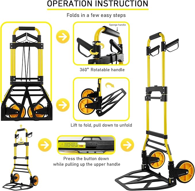 Folding Hand Truck and Dolly, 440lbs Capacity Portable Luggage Dolly Cart with Rubber Wheels and Retractable Handle, Aluminum Foldable Hand Cart for Transportation/Luggage/Mobile/Travel/Office Use