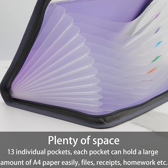 NAFY Accordian File Organizer, 13 Pockets Expanding File Folder with Zipper, A4 Letter Size Portable Accordion Expanding File Folders with Multicolor Labels for Office School Supplies (Black+Purple)