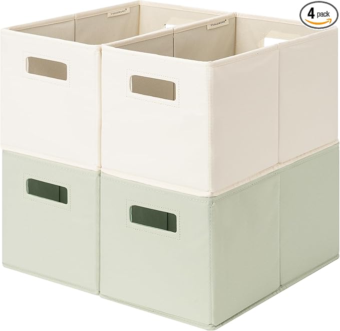 StorageWorks Fabric Storage Bins for Shelves, Closet Organizers and Storage Baskets, Collapsible Storage Bins with Cutout Handles, Medium, 4-Pack, Ivory and Light Green