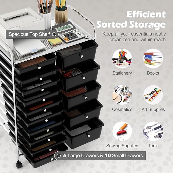 DREAMADE 15-Drawer Rolling Storage Cart, Mobile Craft Cart, Black | Utility Organizer with Lockable Wheels, Removable Plastic Drawers and Metal Frame for Home Office, Classroom and Studio