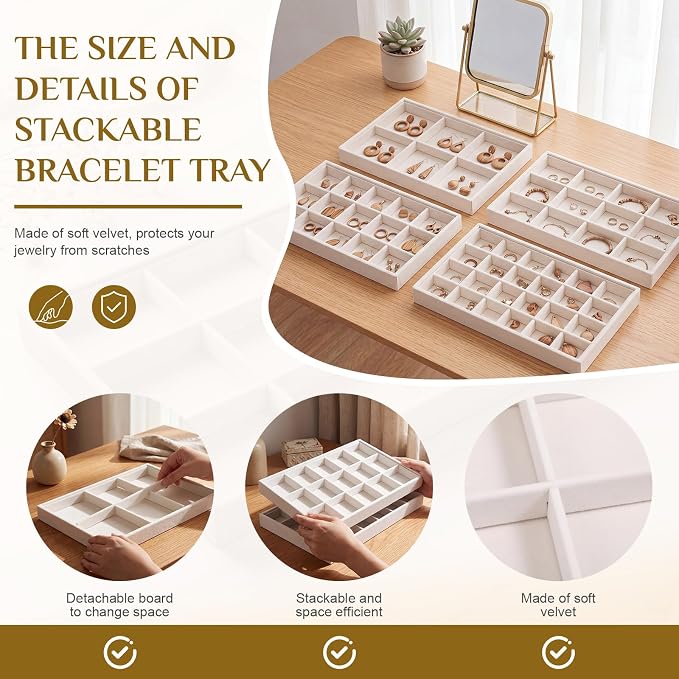 Unittype Set of 4 Stackable Jewelry Organizer Tray for Drawer Inserts Velvet Necklace Earring Bracelet Ring Holder Jewelry Display Storage Box for Bangle Stud Necklace Ring(6/12/15/24 Grid,Beige)