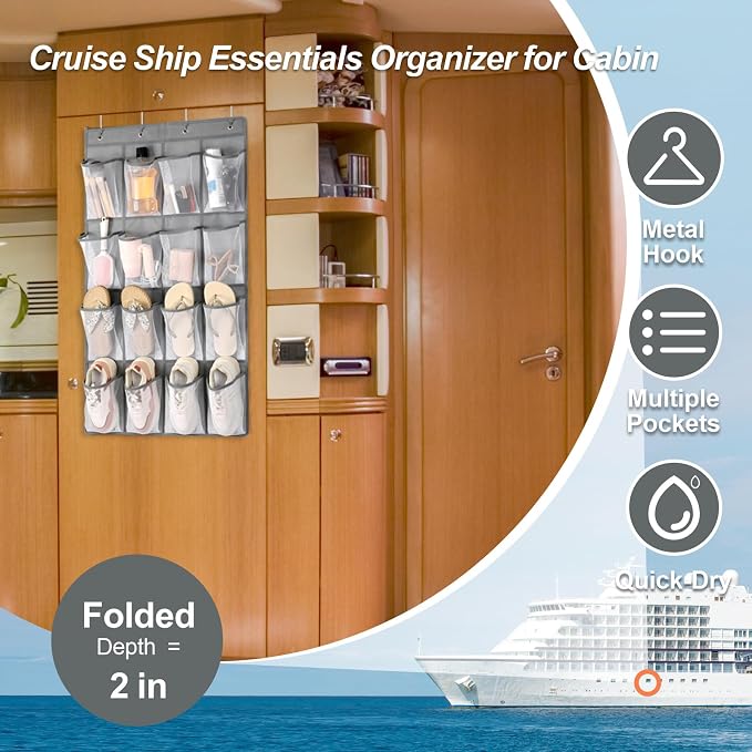 F-color Over the Door Organizer for Cruise - 16-Pocket Hanging Organizer | Tool-Free Mount with 4 Metal Hooks, See-Through Mesh Pockets, Lightweight & Foldable, Space-Saving for Travel and Daily Use