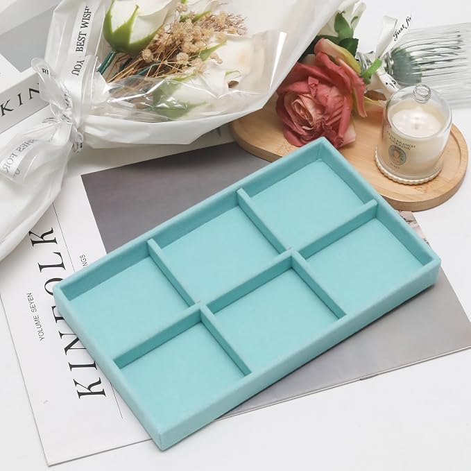 Velvet Jewelry Trays for Drawers, Blue Stackable Jewelry Drawer Organizer Inserts, Ring Earring Necklace Bracelet Holder Organizer Storage Display Tray with Removable Dividers, 6 Grids