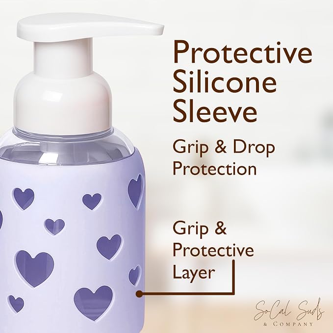 SoCal Suds & Company Foaming Hand Soap Dispenser Glass, Liquid Soap Pump with Heart Silicone Sleeve, Refillable Bottle for Kids, Baby Wash & Shampoo, Ideal for Bathroom & Kitchen Use, Soft Purple, 8oz