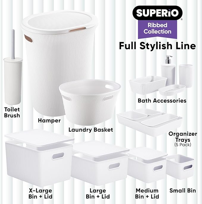 Superio Ribbed Collection - Decorative Plastic Basket Open Home Storage Bins Organizer, Small White (1 Pack) Container Boxes for Organizing Closet Storage Bins for Shelves Drawer Shelf 1.5 Liter