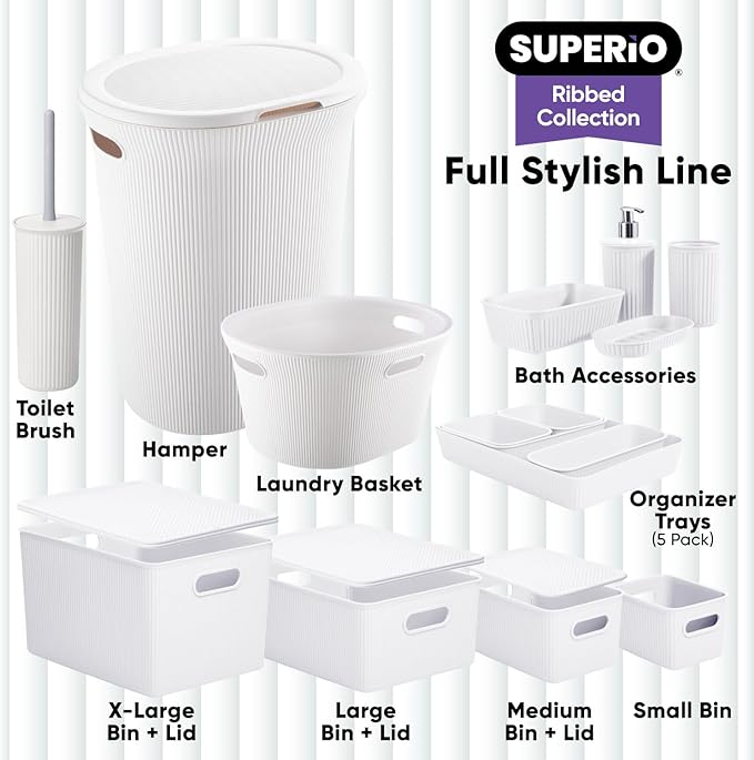 Superio Ribbed Collection - Decorative Plastic Basket Open Home Storage Bins Organizer, Medium White (2 Pack) Container Boxes for Organizing Closet Storage Bins for Shelves Drawer Shelf 5 Liter