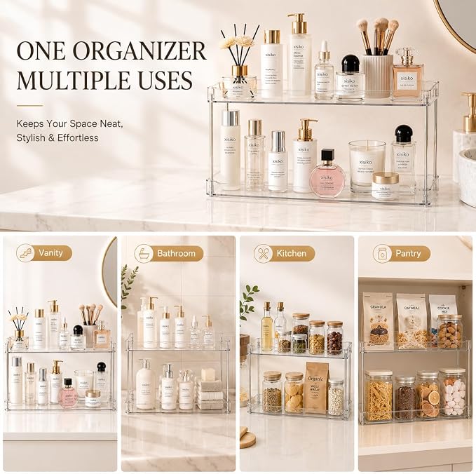2 Tier Clear Bathroom Counter Organizer, Vanity Organizer for Skincare Makeup Perfume, Multi-Purpose Storage Shelf for Bathroom Kitchen Bedroom