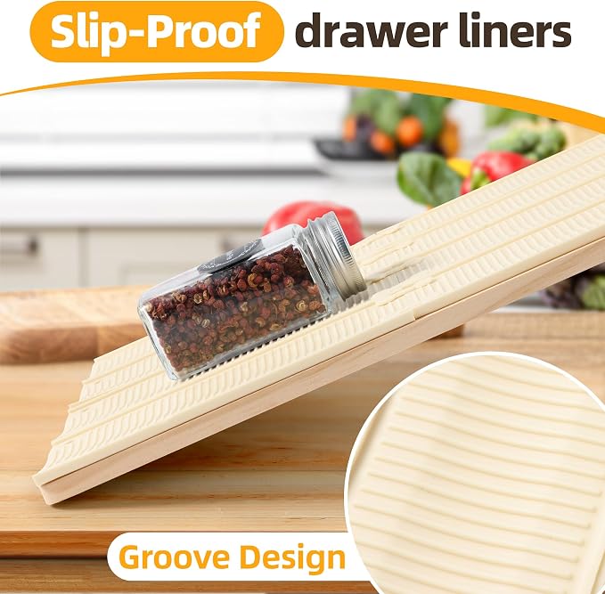 MIUKAA 33 Pack Adjustable Spice Liner, Slip-Proof Spice Drawer Organizer, Kitchen Drawer Liner for Spices Bottle,Tableware, Cups Organizer（Single 7.1 x2.3 in） 3mm thick