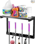 Heavy Duty Broom Holder Wall Mount with Cleaning Supplies Organizer, Space-Saving Laundry Room Organization and Storage Shelves, All-Metal Mop Hanger Broom Rack with Hooks, Garage Organizer Shelf