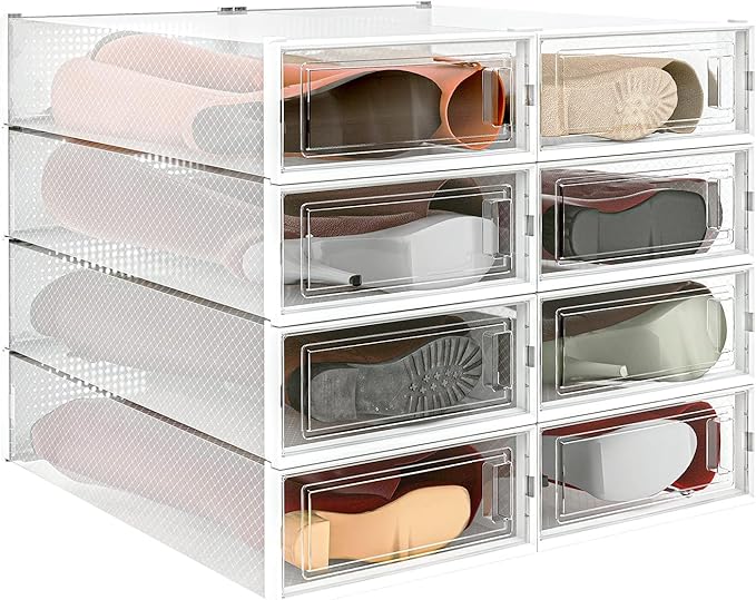 8-Piece Extra Large Boot and Shoe Storage Boxes, Stackable Clear Plastic Shoe Organizer, Space-Saving Shoe Boxes for Boots, Sneakers, and High Heels, Clear