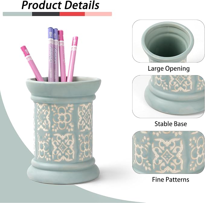 Printed Pencil Holder, Cute Pen Holder for Desk, Ceramic Carved Cylinder Pencil Holder, Office Decoration Container Islamic Style(Blue)