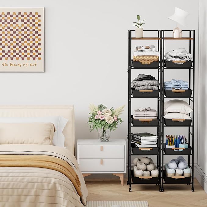 6-Tier Slim Rolling Storage Cart with Wheels, Metal Organizer Tall Rolling Cart, Wood Top Narrow Mobile Utility Cart with Pull-Out Baskets for Kitchen, Bathroom, Laundry Room, 13in(W) Black