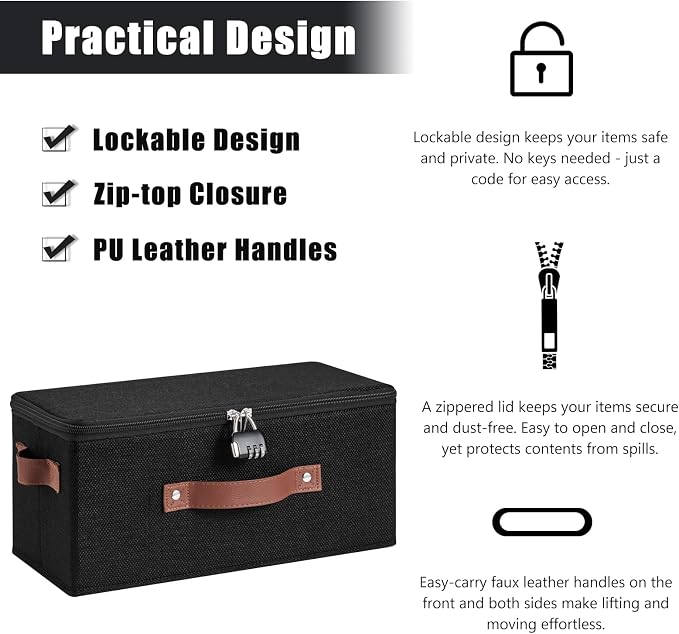 2PCS Storage Bins Box with Zipper Lid Combination Lock PU Leather Handles Cotton Linen Fabric Lockable Basket DVD CD Case Foldable Closet Shelf Organizer Container (Black, 13"x 6"x 6")