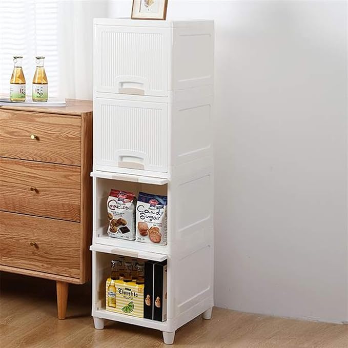 Slim Narrow Storage Drawers Organizer for Gadgets Peripherals, Dresser Storage Tower Plastic Organizer Unit Freestanding for Closet Entryway Hallway Nursery Room (4-Drawers), White