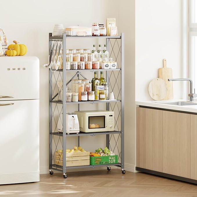 Fenbeli Foldable Shelves with Wheels - 5 Tier Folding Shelf, Collapsible No Assembly Metal Shelving Unit, Origami Storage Shelves & Rolling Storage Rack with 8 Hooks for Kitchen Pantry Garage