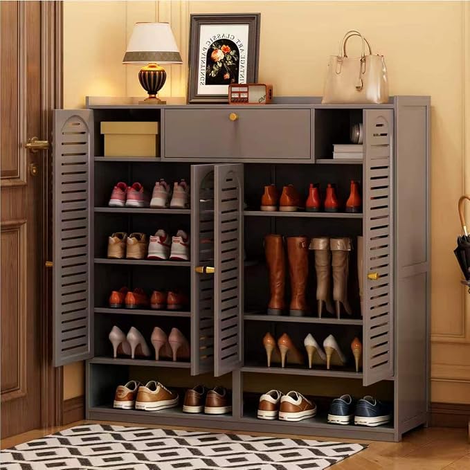 Shoe Cabinet with Louvered Doors, Freestanding Entryway Shoe Storage Cabinet with Drawer & Open Compartment, Modern Bamboo Shoe Rack Organizer with Shelves for Closet (Grey)