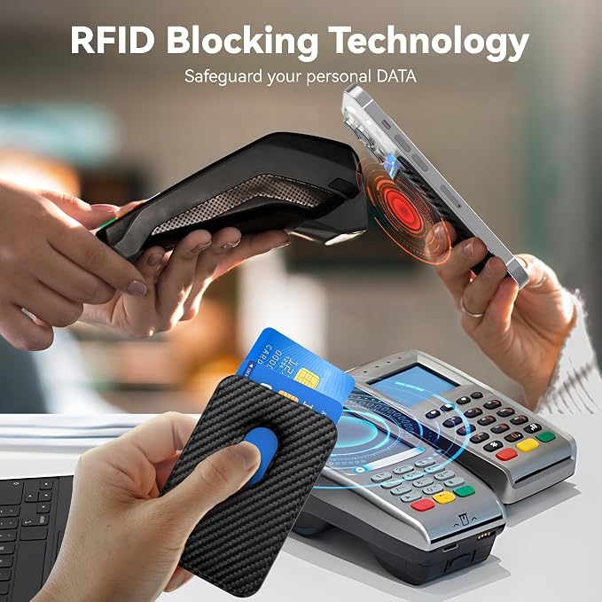 Magnetic Cell Phone Card Holder for Phone Case with Mag Safe, Stronger Magnetic RFID Leather Phone Wallet Stick on Series of iPhone 17/16/15/14/13/12 and Pro/Promax, Carbon Fiber Black