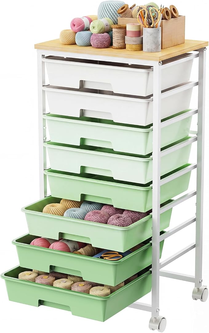LEHOM Rolling Storage Cart with 8 Drawers, Utility Cart on Wheels with Metal Frame and Wooden Tabletop for Living Room Bedroom Dorm, Office Storage & Art Supply Craft Organizer for Classroom, Green