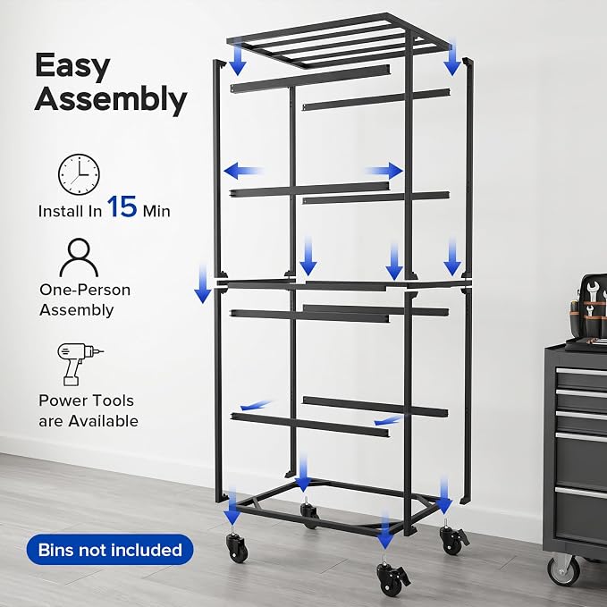 27 Gallon Tote Storage Rack with Wheels | 27 Gallon Tote Rack System, Max 300 Lbs Load Capacity, Easy to Move, Ideal for Garages & Warehouses (Bins Not Included)