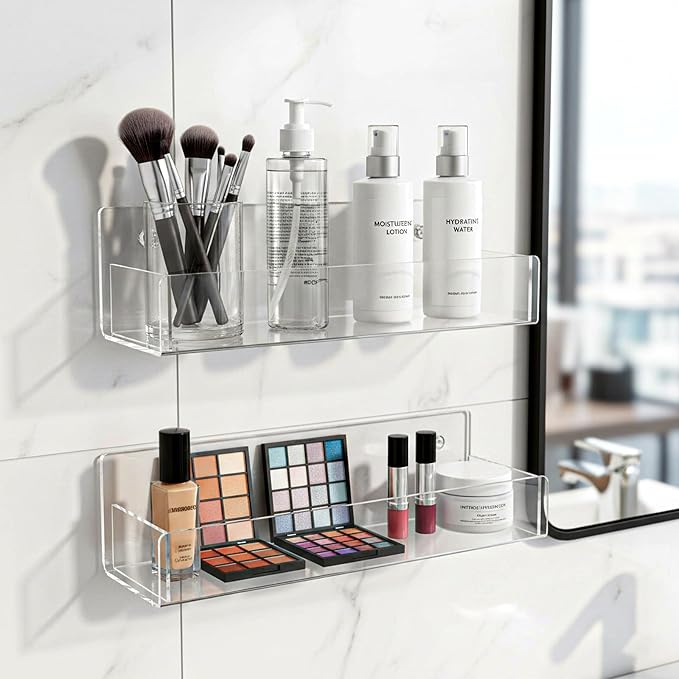 4 Pack Acrylic Spice Rack Wall Mount-9 Inch, Clear Spice Shelf Storage Holder, Hanging Seasoning Rack Organizer for Cabinet Door, Cupboard or Wall Kitchen (Adhesive or Screw)