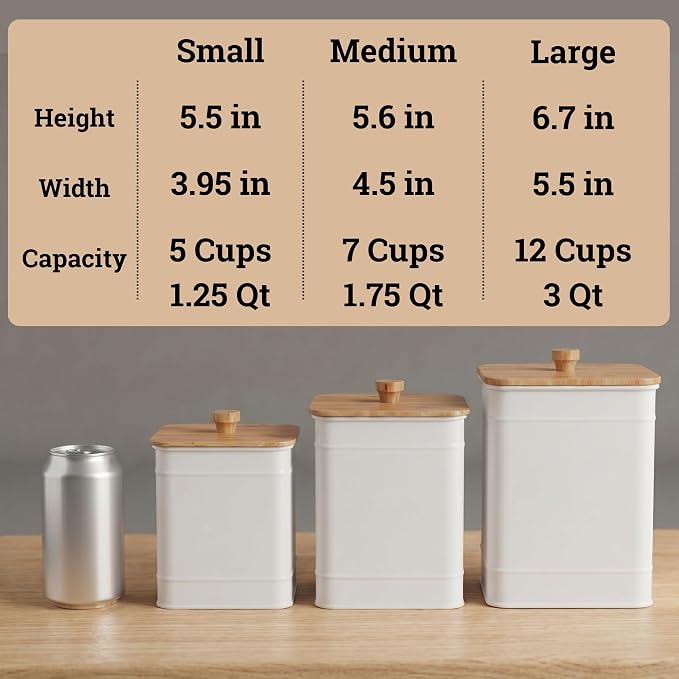 Kitchen Canisters for Countertop Set of 3 w/ Chalkboard Labels & Marker Pen | Airtight Easy Open Bamboo Lids, Dent-Resistant Thick Metal, Customizable Chalkboard Labels, Marker Pen Included, Set of 3