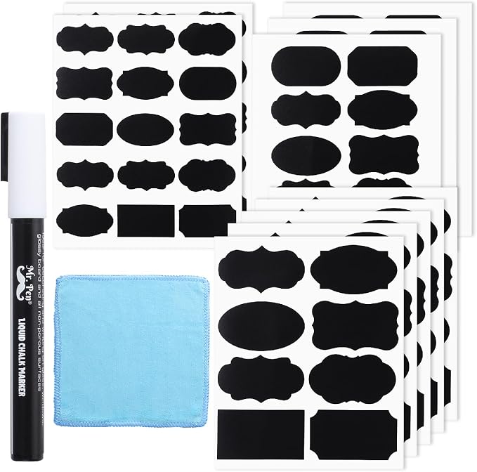 Mr. Pen- Chalkboard Labels, 200 pcs, Assorted Shapes | Waterproof Reusable Blackboard Stickers with 1 Erasable Liquid Chalk Marker for Mason Jars