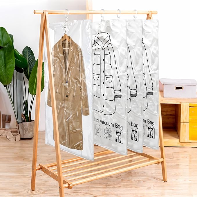 Ptwola 8 Pack Hanging Vacuum Sealer Storage Bags Reusable Space Saver Compressed Bags Closet Organizer Moving Travel Supplies for Clothes Coats Suits Dress Jackets Bedding Comforters Blankets