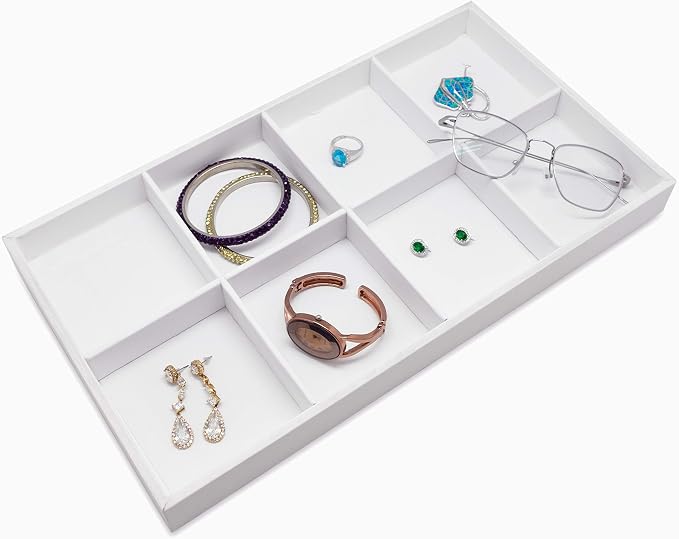 The Display Guys - Stackable Jewelry Tray and Organizer - for Drawers, Dressers, Store Display (8 Compartments, White Leatherette)