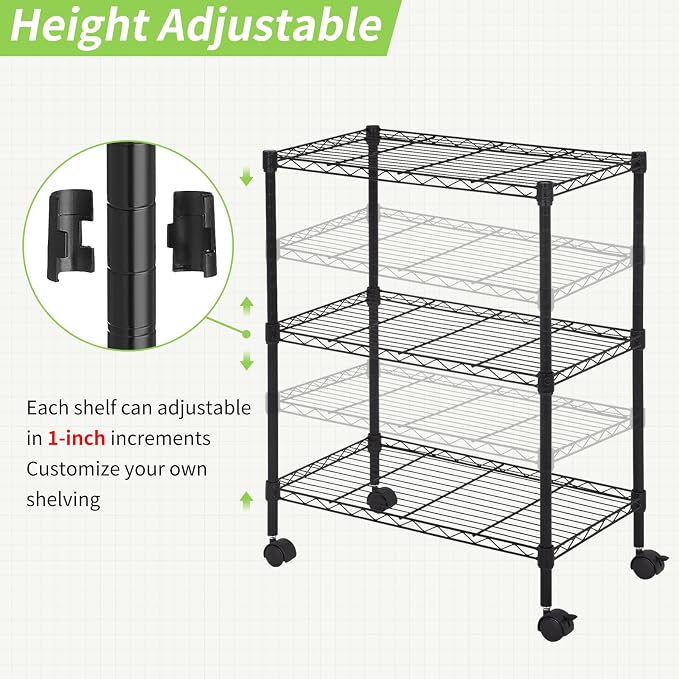 Wire Shelving 32" H x 23W x 13D Storage Shelf with Wheels Adjustable 3 Tier Metal Shelves Unit for Small Places Kitchen Storage Rack Shelf Organizer, 450Lbs Capacity, Black