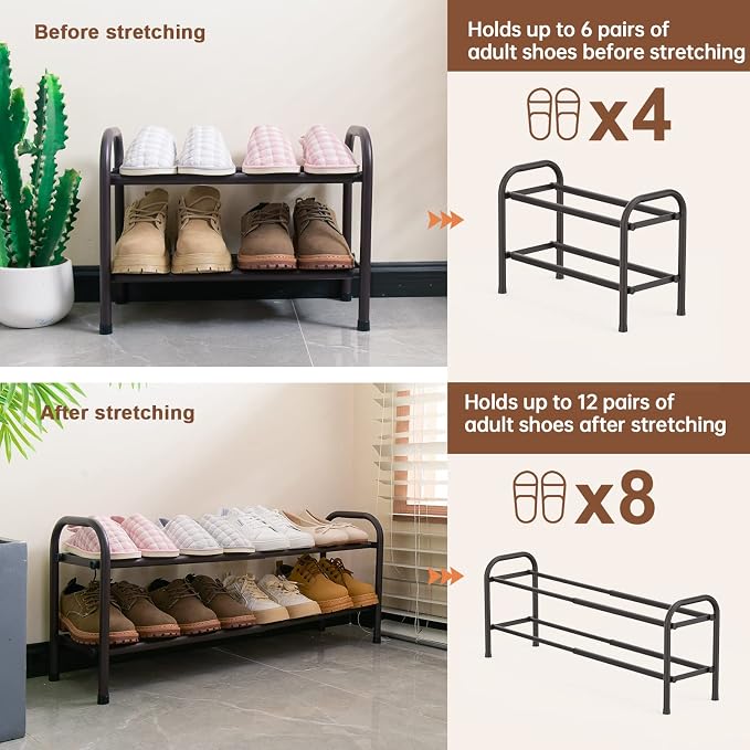 Gonfoam Expandable 2-Tier Shoe Rack for Closet and Entryway, Bronze | Tool-Free Assembly, Metal Material, Adjustable Shoe Organizer, Sturdy, Small Space Solution, Dorms, Garages, Apartments.