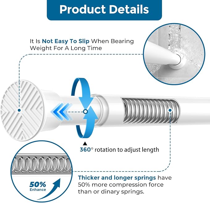 AIZESI Tension Rod 24-46 inch, Tool-Free No Drill Spring Curtain Rod, White | Renter Friendly Curtain Rod, No Fall Adjustable, for Windows, Kitchen, Closet, Bathroom, High Carbon Steel