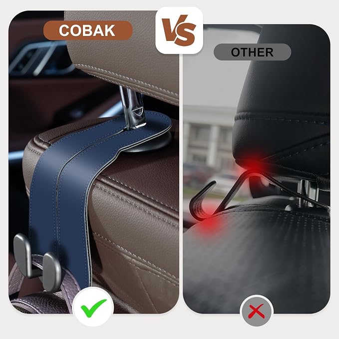 CoBak Purse Hook for Car - Universal Premium Stitched Leather and Aluminum-Magnesium Alloy Double Car Seat Back Storage Hook for Purses, Handbags, Bags (2 Pack),Indigo Blue
