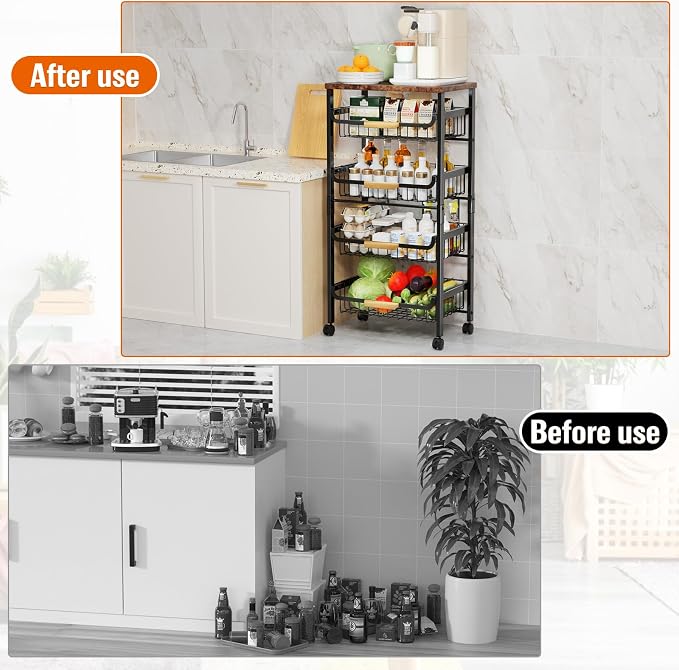 Storico 5-Tier Rolling Utility Cart Kitchen Storage Cart | Large capacity, sturdy wheels, wooden tabletop, mesh baskets, perfect for kitchen, bathroom, laundry room.