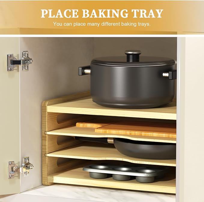 4 Tier Wooden Tray Dividers for Cabinets, Kitchen Vertical Baking Sheet Organizer, Storing Pans, Baking Trays, Cutting Board