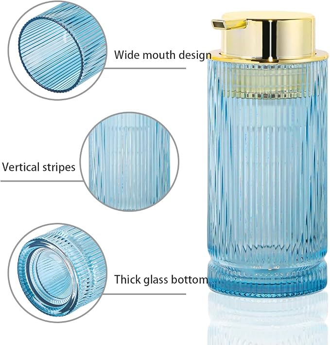 Foaming Soap Dispenser, Glass Foam Hand Soap Dispenser with Pump, 14 Oz Bathroom Refillable Liquid Lotion Pump Ribbed Bottle Container for Kitchen Countertop Decor (1, Blue Gold)