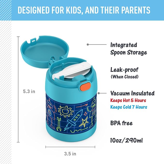 THERMOS FUNTAINER Insulated Food Jar, 10 Ounce, Kid Friendly Food Jar with Foldable Spoon, Robot Doodles