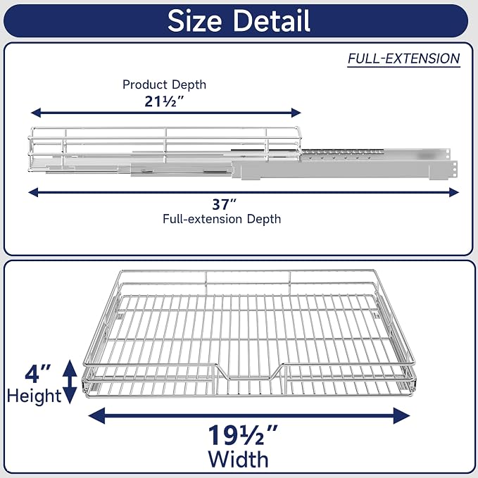 Pull Out Cabinet Organizer, 19.5" W x 21.5" D, Heavy Duty Chrome Slide Out Shelf for Base Cabinets, Sliding Wire Basket Drawer for Pantry Items, Bowls, Containers & Cleaning Supplies
