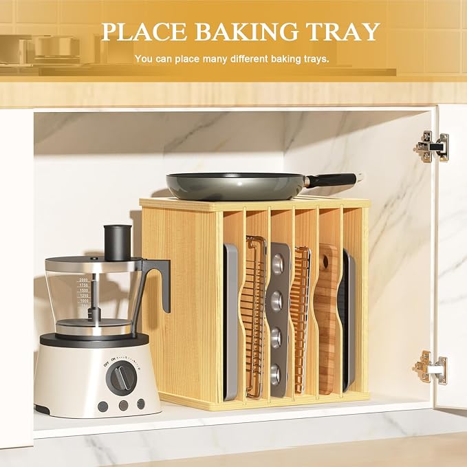 7 Tier Wooden Tray Dividers for Cabinets, Kitchen Cookie Sheet Organizer for Cabinet, Vertical pans, Baking trays, Cutting Board