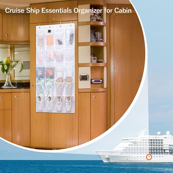 F-color Over the Door Organizer for Cruise - 20-Pocket Hanging Organizer | Tool-Free Mount with 4 Metal Hooks, See-Through Mesh Pockets, Lightweight & Foldable, Space-Saving for Travel and Daily Use