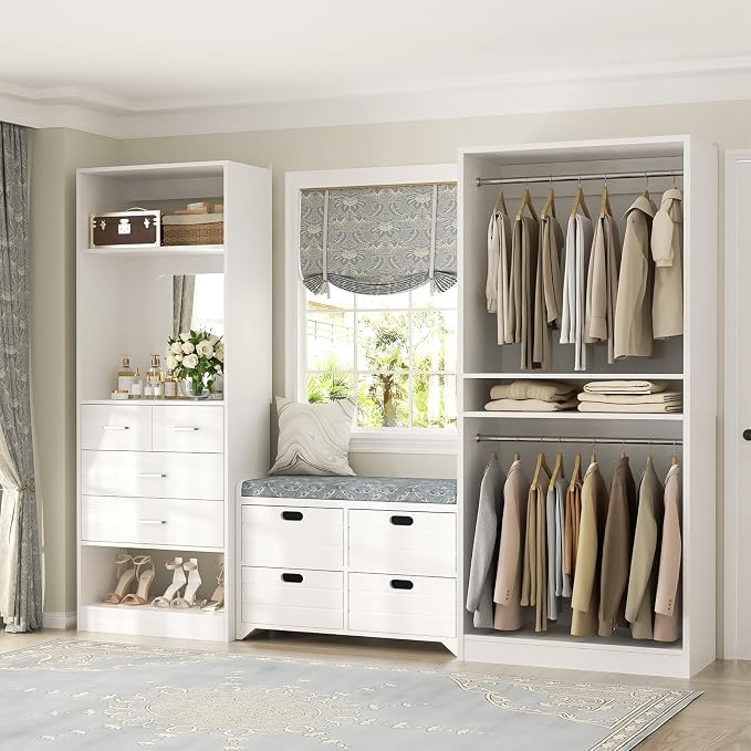 Unikito 61" Closet System, Heavy Duty Wood Closet Organizer with 2 Hanging Rods, Walk-in Wardrobe Garment Rack with Adjustable Shelves, Free-standing Clothing Rack, White
