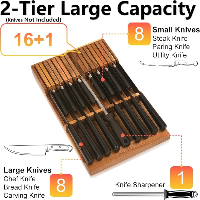 In Drawer Knife Block Acacia Wood, Knife Drawer Organizer Insert Large | 17-Slot Space Saving Drawer Knife Block, Secure Blade Tip Shield & Naturally Moisture-Free Timber (Knives Not Included)