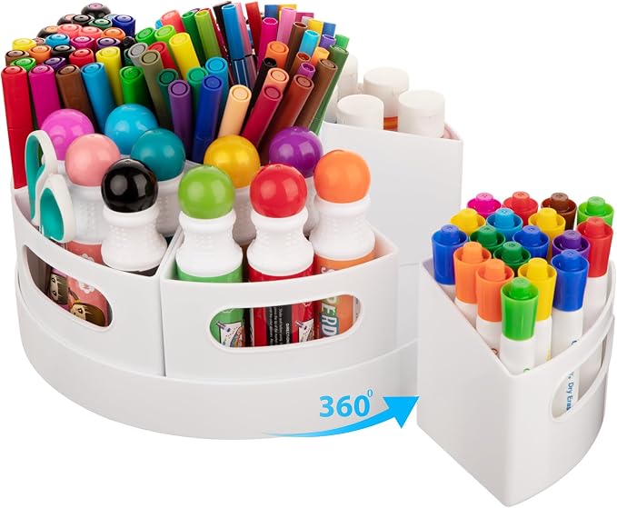 CraftGenes Art Supply Organizer, Extra Large 360 Degree Rotating Desk Organizer with 7 Removable Compartments, Marker Organizer and Craft Caddy for Kids, Teachers, Classroom, Home Office, White