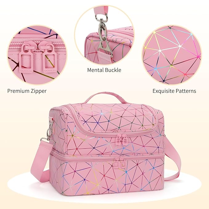 CUBETASTIC Nail Polish Organizer Bag, Double Layer Nail Tech Travel Case Holds 45 Bottles & Full-Size Lamp, Portable Manicure Storage Box for Nail Supplies, Tools & Dip Powder - Pink