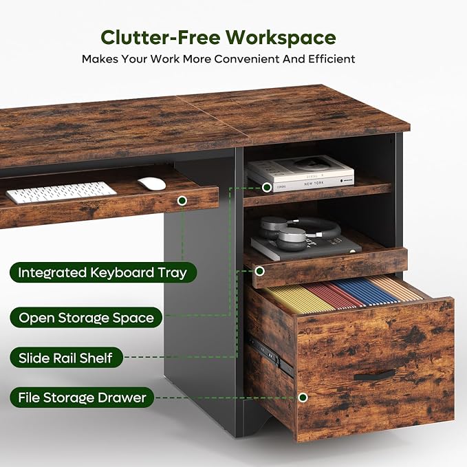 Bestier 47" Computer Desk with Drawers, Home Office Desk with Keyboard Tray, Reversible Industrial Office Desk with Storage Cabinet for Small Space Home Office & Studio, Rustic Brown | Storage Drawer, File Drawer Letter/Legal, Keyboard Tray, Cable Mana...