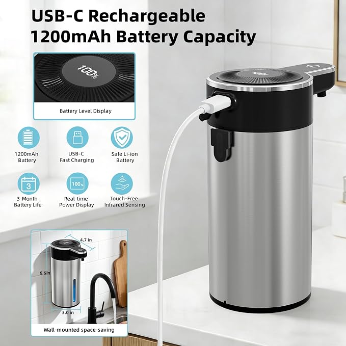 Touchless Automatic Foaming Soap Dispenser for Kitchen, Rechargeable, 13.5oz Large Capacity, Fast Sensor, 4 Adjustable Liquid Levels, Waterproof, Clog-Free Pump(Stainless Steel Foam)